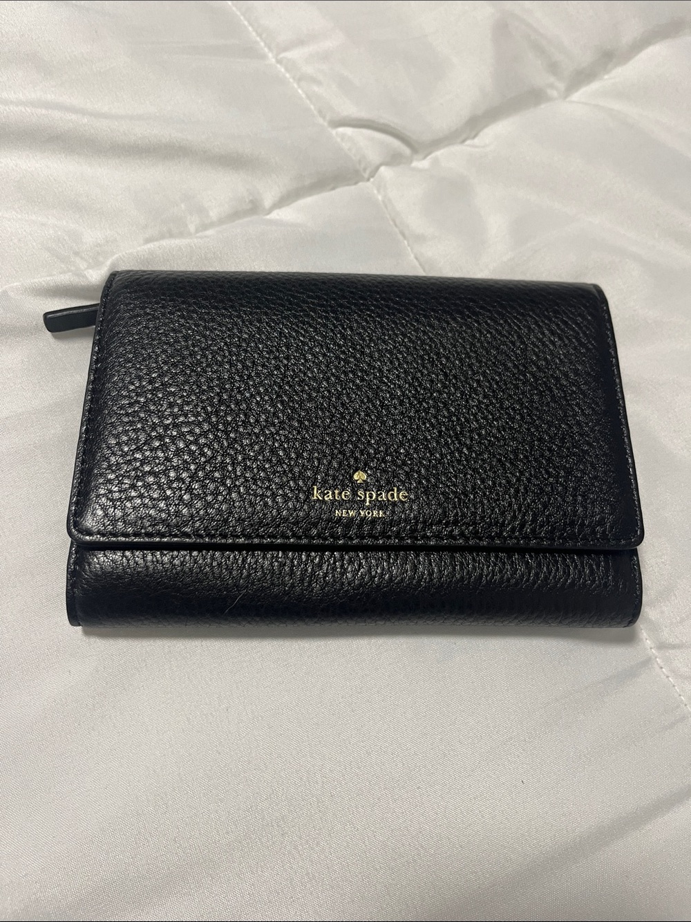 Kate Spade Black Pebbled Leather Medium Bi-fold Wallet with Gold Logo